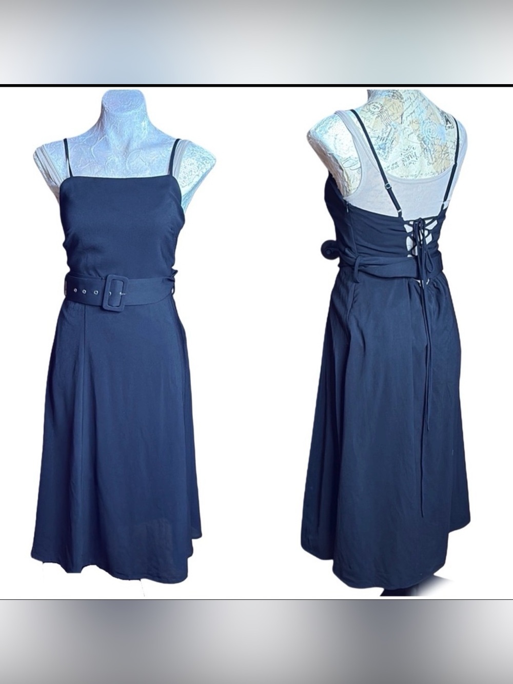 Moon River black lace up back side zip flowy midi dress belted sundress sz small